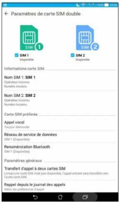 Paramètres de carte SIM double SIM 1 Disponible SIM 2 Disponible Informations carte SIM Nom SIM 1: SIM 1 Opérateur inconnu Numéro inconnu Nom SIM 2: SIM 2 Opérateur inconnu Numéro inconnu Carte SIM préférée Appel vocal Toujour demander Réseau de service de données SIM 1 (Disponible) Renumérotation Bluetooth SIM 1 (Disponible) Paramètres généraux Transfert d'appel à deux cartes SIM Lorsqu'une carte SIM n'est pas disponible, l'appel entrant sera transfère vers l'autre carte SIM Rappel depuis le journal des appels Séduis les préférences d'appel