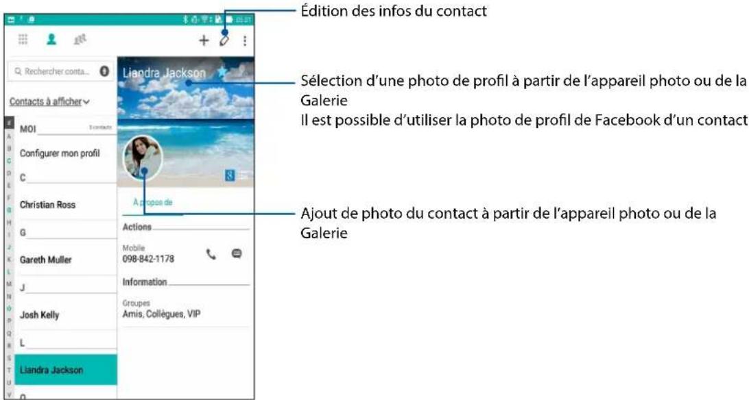 Édition des infos du contact Sélection d'une photo de profil à partir de l'appareil photo ou de la Galerie Il est possible d'utiliser la photo de profil de Facebook d'un contact Ajout de photo du contact à partir de l'appareil photo ou de la Galerie Liandra Jackson Liandra Jackson Controls à afficher MOI Configurer mon profil C Christian Ross G Gareth Muller J Josh Kelly L Liandra Jackson