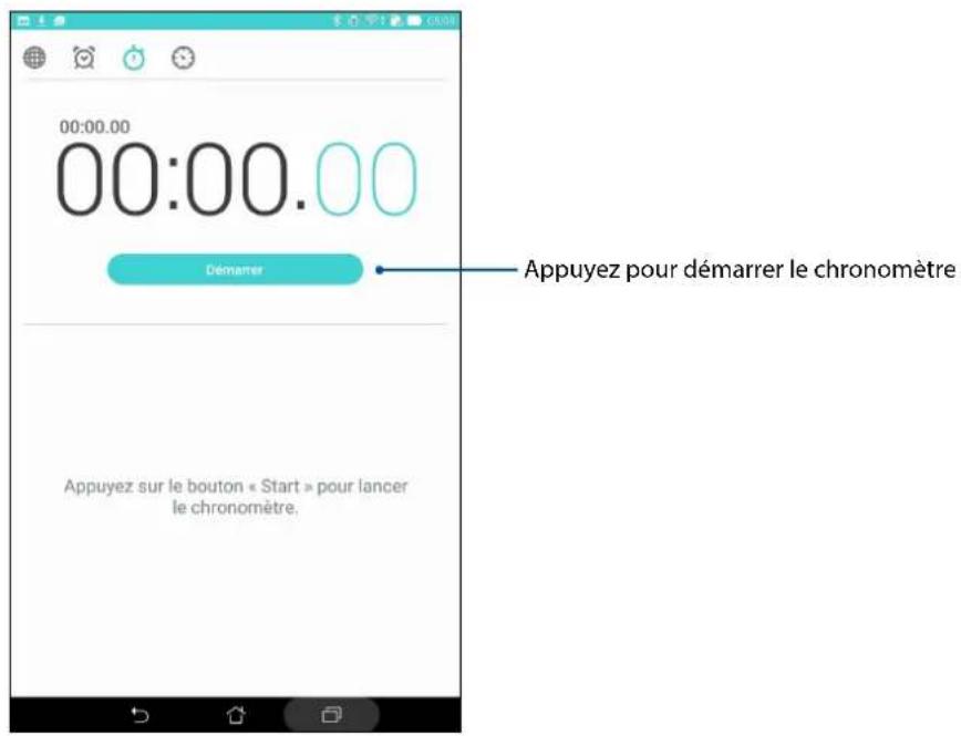 00:00.00 00:00.00 Démarrer Appuyez pour démarrer le chronomètre Appuyez sur le bouton « Start » pour lancer le chronomètre.