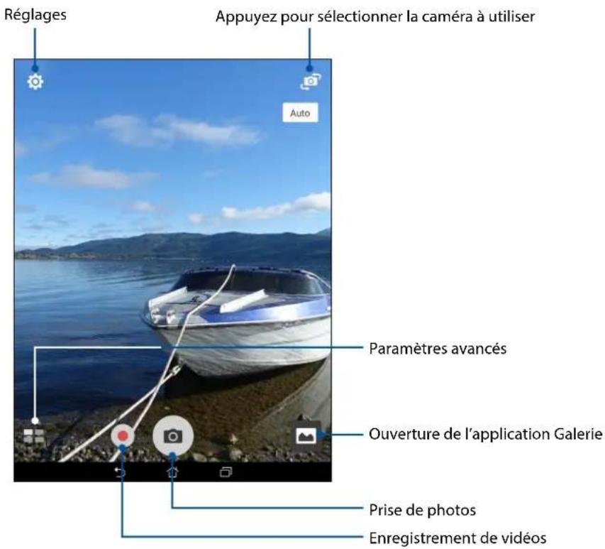 Réglages Appuyez pour sélectionner la caméra à utiliser Auto Paramètres avancés Ouverture de l'application Galerie Prise de photos Enregistrement de vidéos