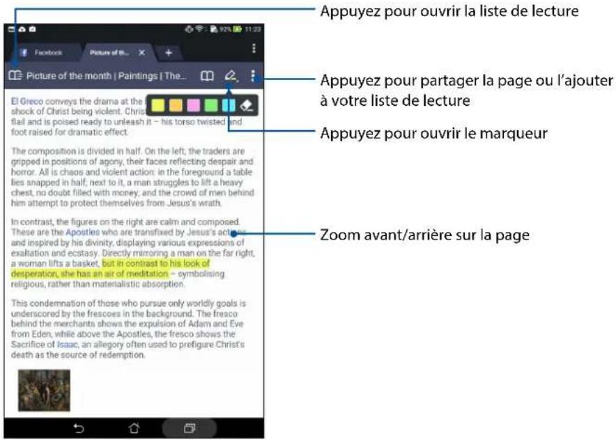 Appuyez pour ouvrir la liste de lecture Appuyez pour partager la page ou l'ajouter à votre liste de lecture Appuyez pour ouvrir le marqueur Zoom avant/arrière sur la page