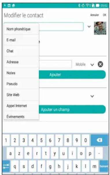 Modifier le contact Annulier OK Nom phonétique E-mail Chat Adresse Notes Ajouter Pseudo Site Web Appel Internet Ajouter un champ Événements 1 2 3 4 5 6 7 8 9 0 a z e r t y u i o p - q s d f g h j k l m Selvane
