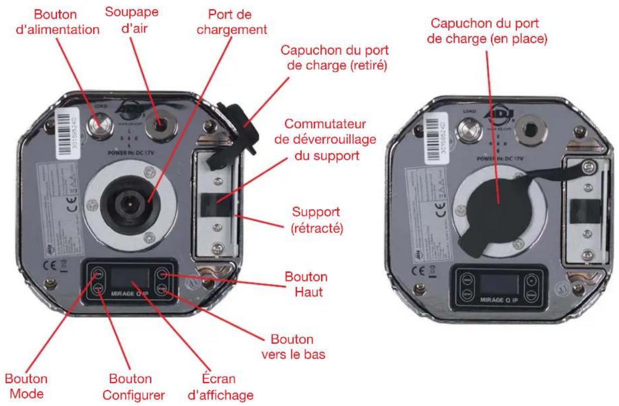 Bouton d'alimentation Soupape d'air Port de chargement Capuchon du port de charge (retiré) Commutateur de déverrouillage du support Support (rétracté) Bouton Haut Bouton vers le bas Bouton Mode Bouton Configurer Écran d'affichage Capuchon du port de charge (en place)