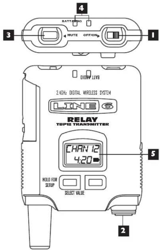 BATT AUDIO MUTE OFF/ON 3 1 DIORY LLY8 2.4GHz DIGITAL WIRELESS SYSTEM LINE 6 RELAY TBP12 TRANSMITTER CHAN 12 4:20- 5 HOLD FOR SETUP SELECT VALUE 2