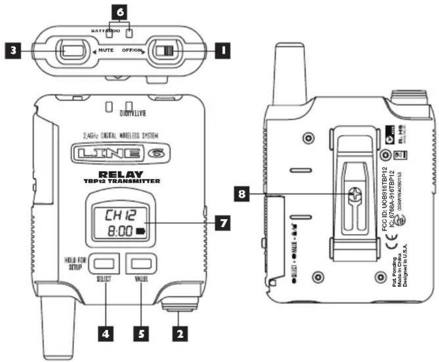 BATTADIO MUTE OFF/ON 6 3 1 DINAVILLV8 2.4GHz DIGITAL WIRELESS SYSTEM LINE RELAY TBP12 TRANSMITTER CH 12 8:00 7 HOLD FOR SETUP SELECT VALUE 4 5 2 8 FCC ID: UOB916TBP12 IC-0768A-916TBP12 DRAMWADSP15S Pst. Pending Made in China Dwinged in U.S.A.