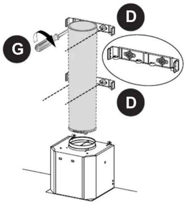 Technical diagram of a cylindrical device with labeled components (G, D) and an inset showing internal components with circular features.
