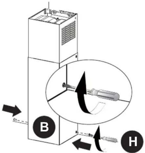 Diagram showing a device with labeled components and directional arrows, including a magnified view of a tool interacting with the next component.