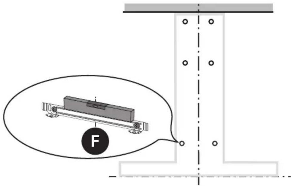 Technical diagram showing a mechanical assembly with a magnified inset labeled 'F' pointing to a component.