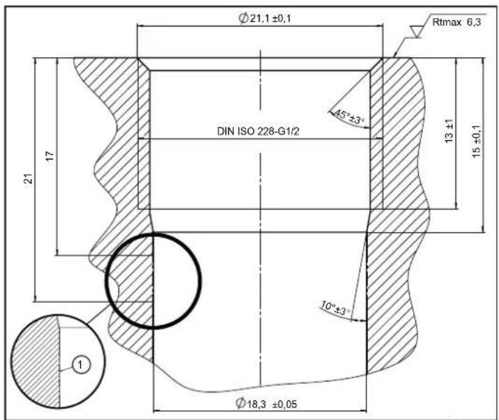 Ø21,1 ±0,1 Rtmax 6,3 45°±3° DIN ISO 228-G1/2 13 ±1 15 ±0,1 21 17 10°±3° Ø18,3 ±0,05 ①