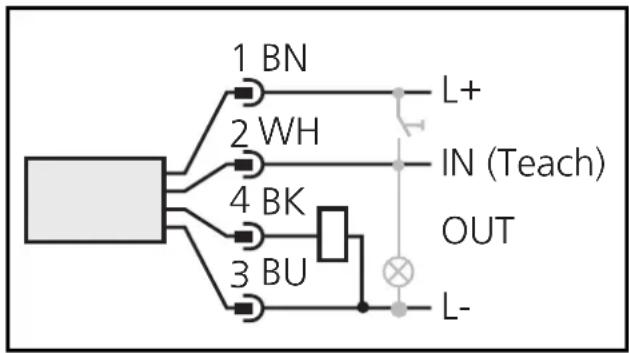 graph TD A["Central Component"] --> B["1 BN"] A --> C["2 WH"] A --> D["4 BK"] A --> E["3 BU"] B --> F["L+"] C --> G["IN (Teach)"] D --> H["OUT"] E --> I["L-"]