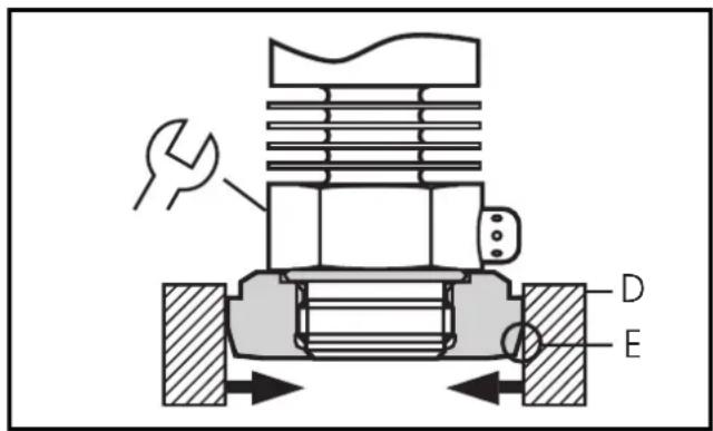 Technical diagram of a mechanical assembly with labeled parts D and E, showing a wrench and directional arrows indicating movement or force.