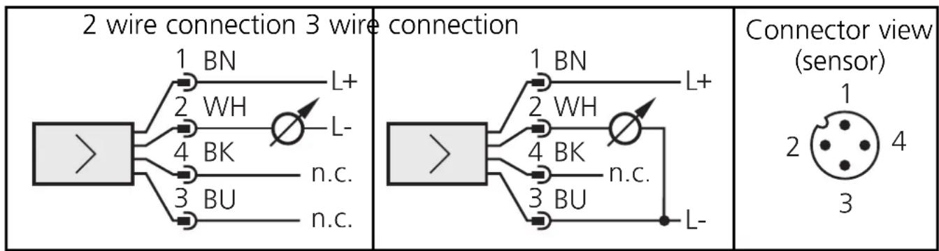 2 wire connection 3 wire connection 1 BN L+ 2 WH L- 4 BK n.c. 3 BU n.c. 1 BN L+ 2 WH 4 BK n.c. 3 BU L- Connector view (sensor) 1 2 4 3