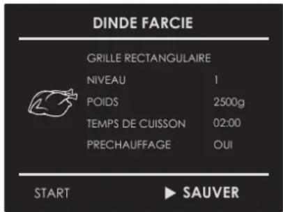DINDE FARCIE GRILLE RECTANGULAIRE NIVEAU 1 POIDS 2500g TEMPS DE CUISSON 02:00 PRECHAUFFAGE OUI START ▶ SAUVER