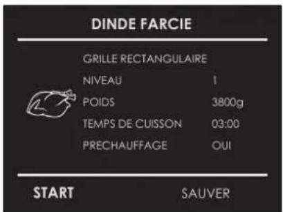 DINDE FARCIE GRILLE RECTANGULAIRE NIVEAU 1 POIDS 3800g TEMPS DE CUISSON 03:00 PRECHAUFFAGE OUI START SAUVER
