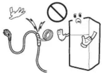 Safety warning illustration showing a hand holding a hose with a prohibition symbol, next to a box with a smiling face.