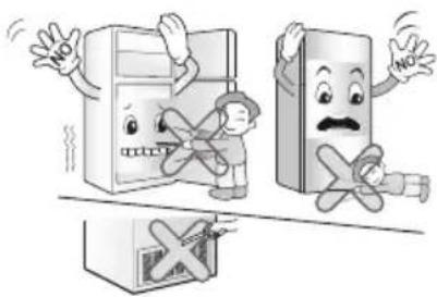 Cartoon illustration showing a person holding a 'NO' sign while another holds a crossed-out refrigerator, with no readable text or symbols.