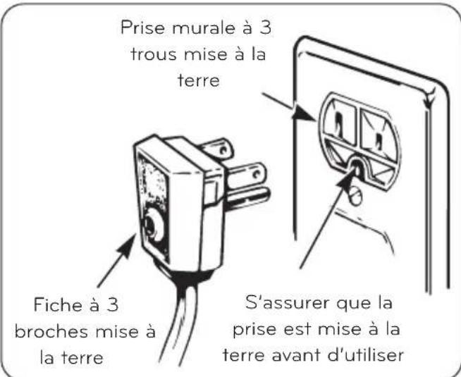 Prise murale à 3 trous mise à la terre Fiche à 3 broches mise à la terre S'assurer que la prise est mise à la terre avant d'utiliser
