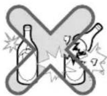 Warning symbol showing a bottle crossed out with a broken glass and a warning symbol indicating chemical hazard.