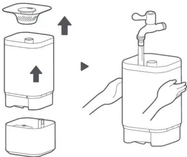 Diagram illustrating the step-by-step installation of a water dispenser, showing component assembly and piping control.