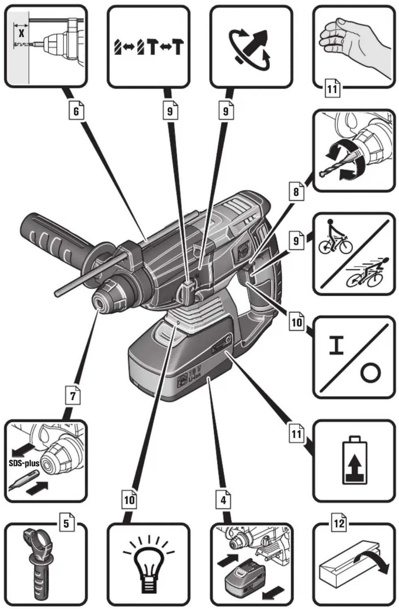 Diagram of a power drill with numbered instructions for each component, including tool, battery, and motor control.