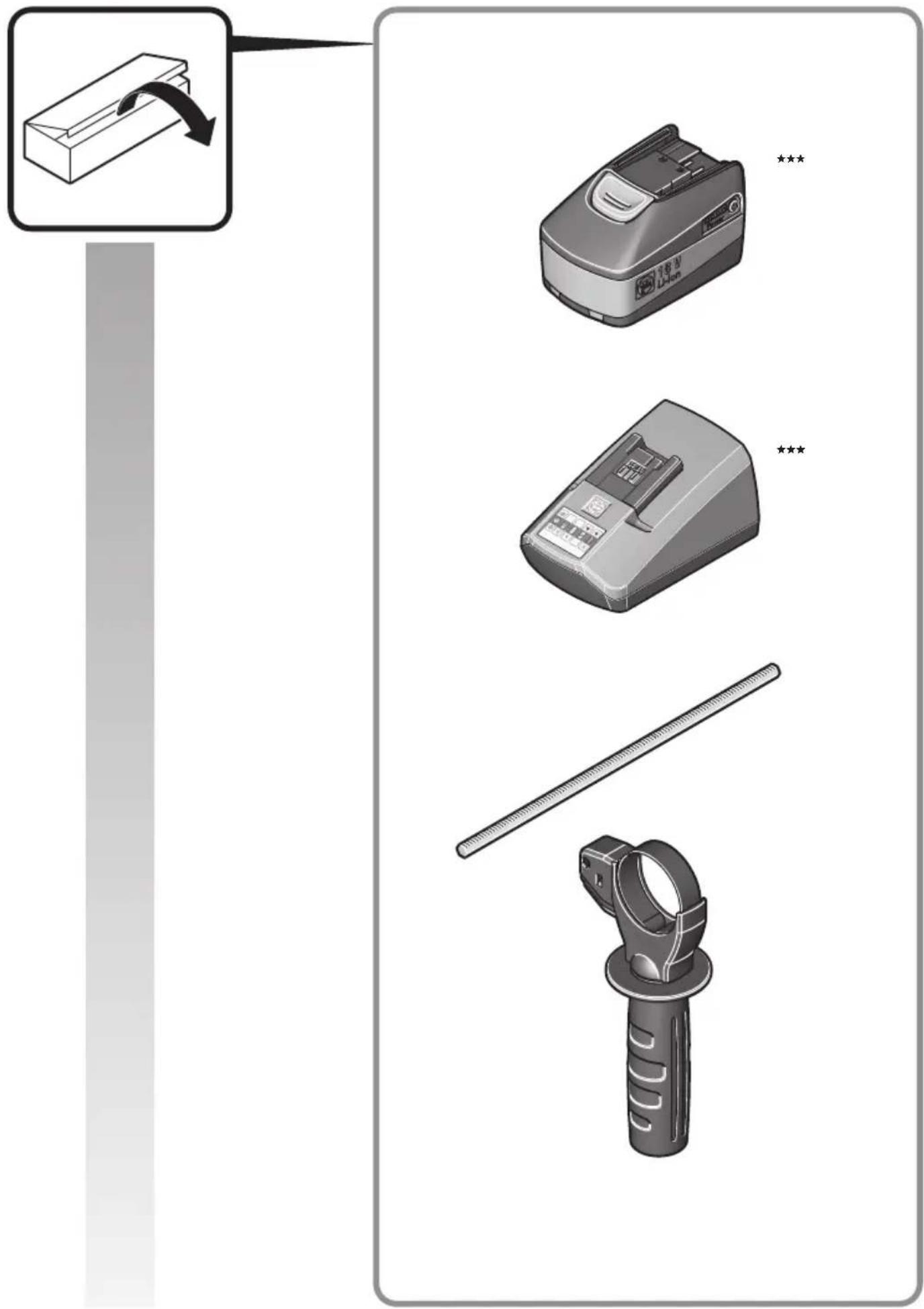 Diagram showing a device with a box being processed, alongside three labeled components: a close-up of a device, a close-up of a digital display, and a measuring tool.