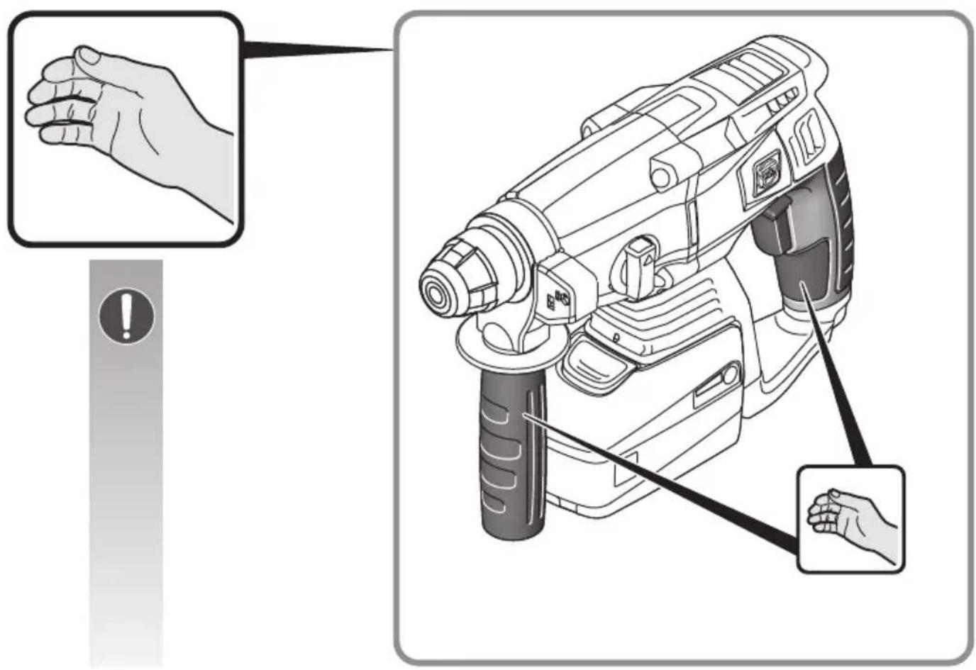 Diagram illustrating a hand operating a drill press with warning labels and a warning icon