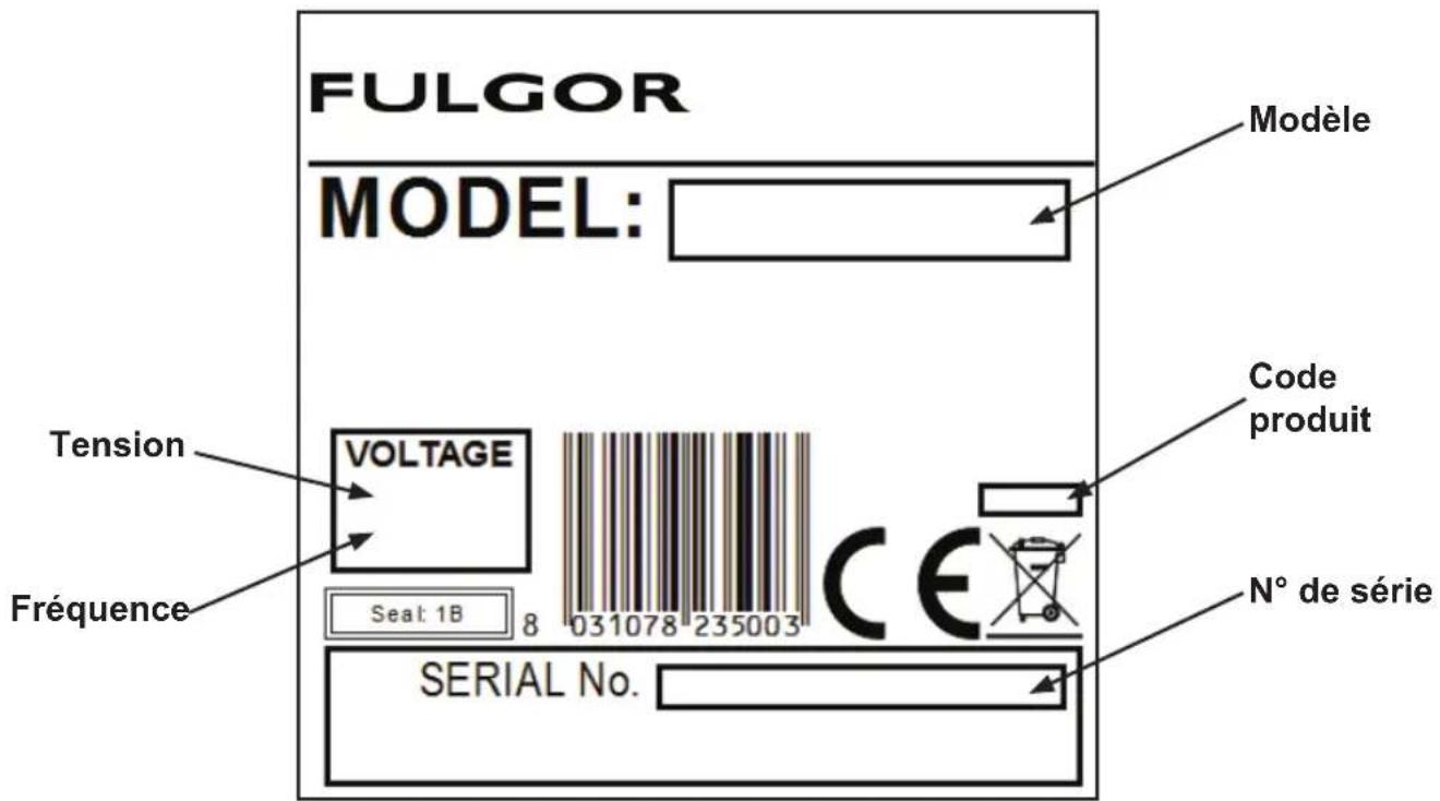 Fulgor Milano FVSD 2900 TC - Donnees de la PLAQUE - 1