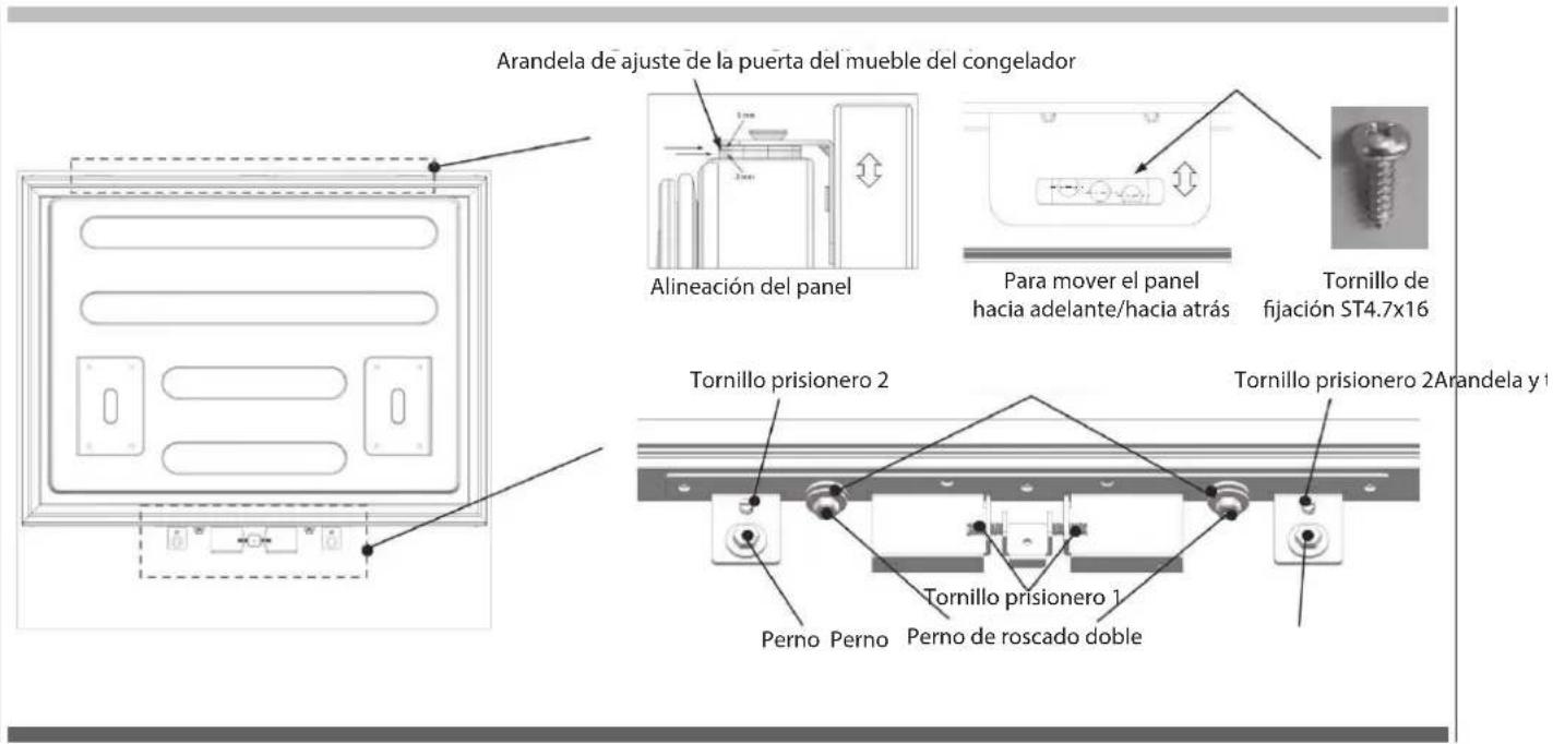 Arandela de ajuste de la puerta del mueble del congelador Alineación del panel Para mover el panel hacia adelante/hacia atrás Tornillo de fijación ST4.7x16 Tornillo prisionero 2 Tornillo prisionero 2Arandela y Perno Perno Perno de roscado doble