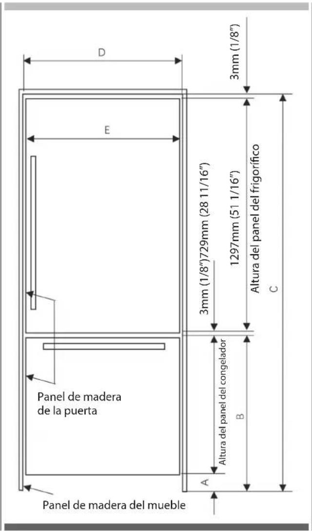 D E 3mm (1/8") 3mm (1/8") 729mm (28 11/16") 1297mm (51 1/16") Altura del panel del frigorífico C Panel de madera de la puerta Altura del panel del congelador B A Panel de madera del mueble