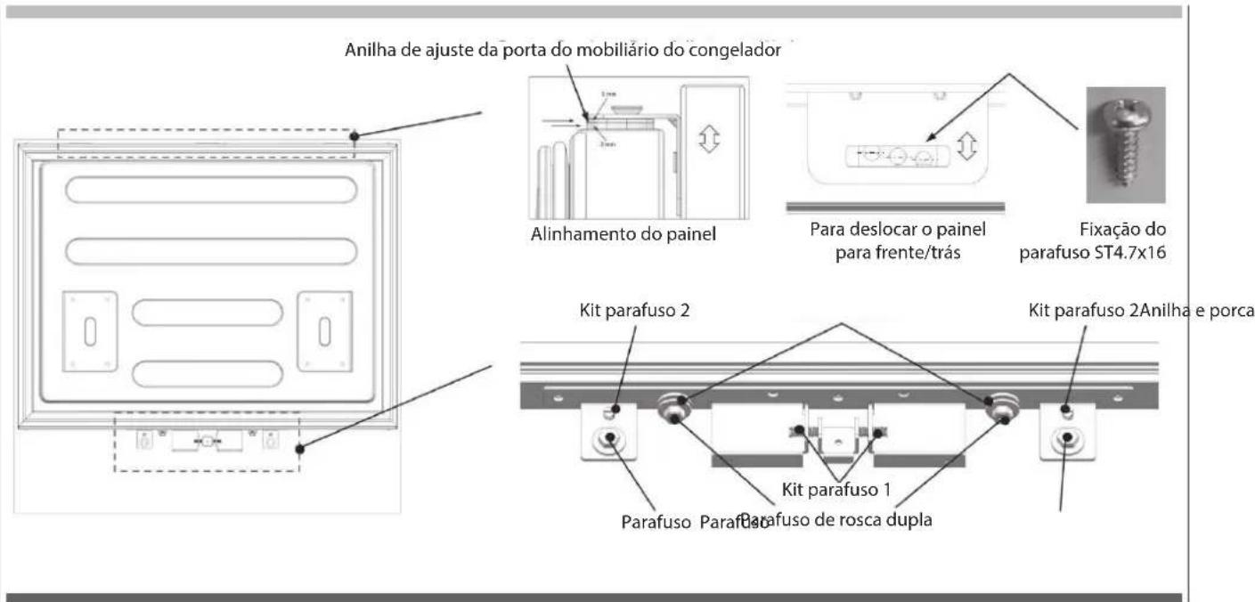 Anilha de ajuste da porta do mobiliário do congelador Alinhamento do painel Para deslocar o painel para frente/trás Fixação do parafuso ST4.7x16 Kit parafuso 2 Kit parafuso 2Anilha e porca Parafuso Parafuso de rosca dupla Kit parafuso 1