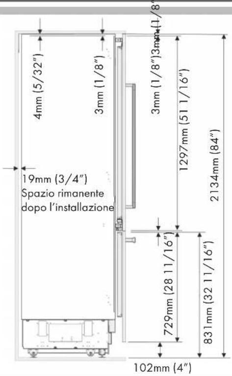 4mm (5/32") 3mm (1/8") 3mm (1/8") 3mm (1/8") 19mm (3/4") Spazio rimanente dopo l'installazione 1297 mm (51 1/16") 2134 mm (84") 729 mm (28 11/16") 83 1 mm (32 11/16") 102 mm (4"