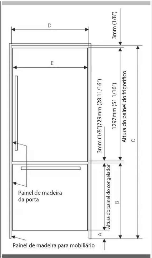 D E 3mm (1/8") 3mm (1/8") 729mm (28 11/16") 1297mm (51 1/16") Altura do painel do frigorífico C 3mm (1/8") 729mm (28 11/16") Altura do painel do congelador B A Painel de madeira da porta Painel de madeira para mobiliário