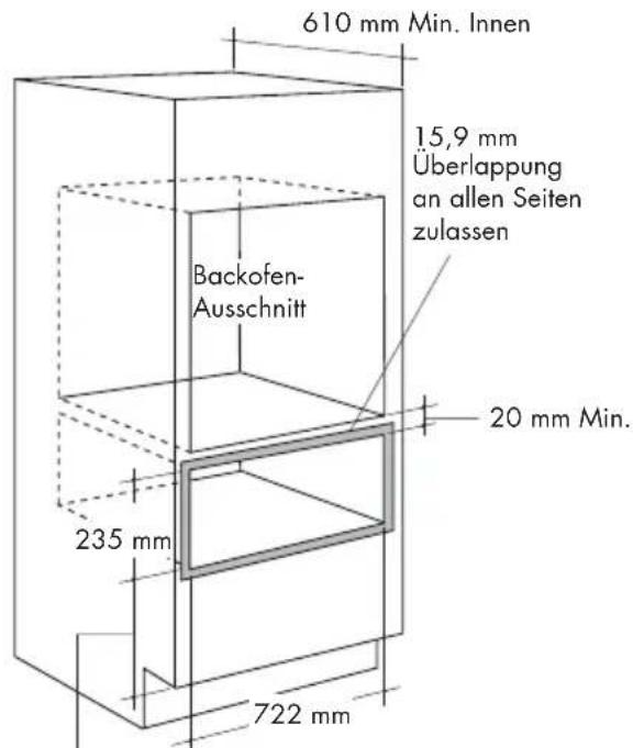 610 mm Min. Innen 15,9 mm Überlappung an allen Seiten zulassen Backofen- Ausschnitt 20 mm Min. 235 mm 722 mm