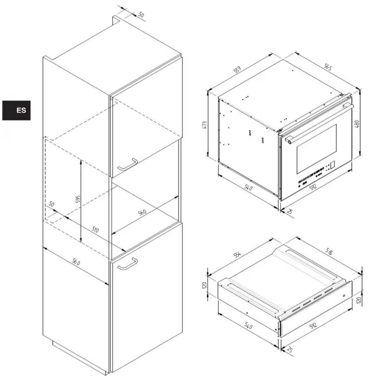 Fulgor Milano CD 15 - ESQUEMA DIMENSIONAL CAJÓN DE EMPOTRAR 560 X 595 CON HORNO DE 480 - 1
