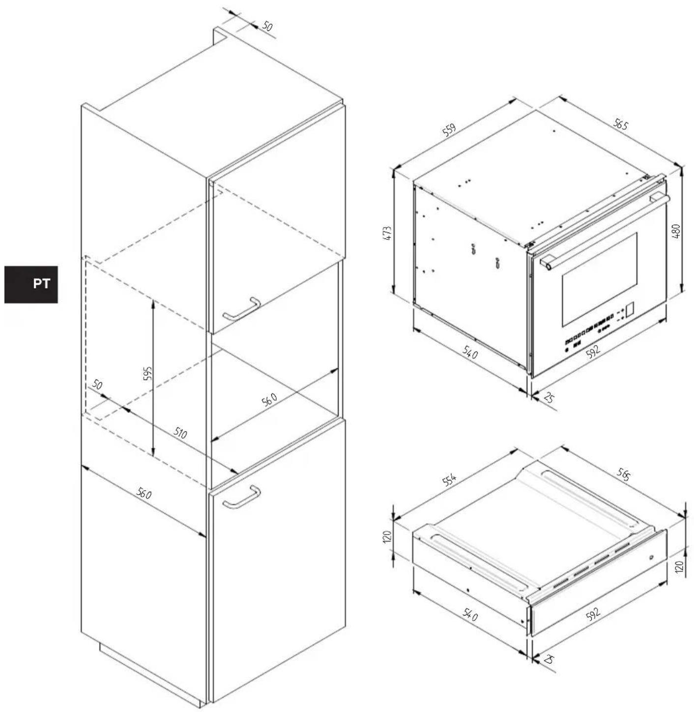 Fulgor Milano CD 15 - ESQUEMA DE DIMENSÃO DO AQUECEDOR DE LOUÇA A ENCASTRO 560 X 595 COM FORNO DE 480 - 1