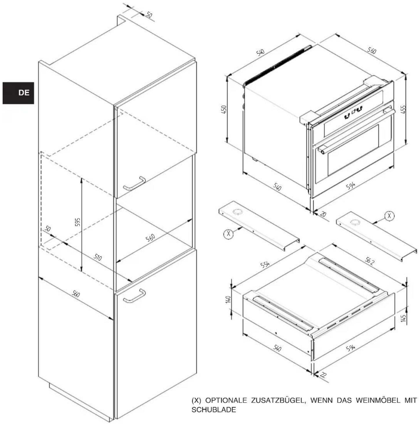 Fulgor Milano CD 15 - MASSBILD EINSCHUB 145 EINBAUMASSE 560 X 595 MIT WEINREGAL 455 - 1