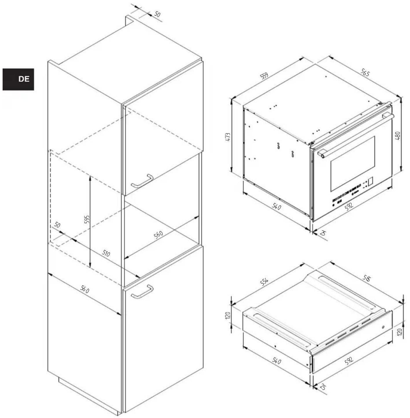 Fulgor Milano CD 15 - ABMESSUNGEN DES EINBAUTELLERWÄRMERS 560 X 595 MIT OFEN ZU 480 - 1