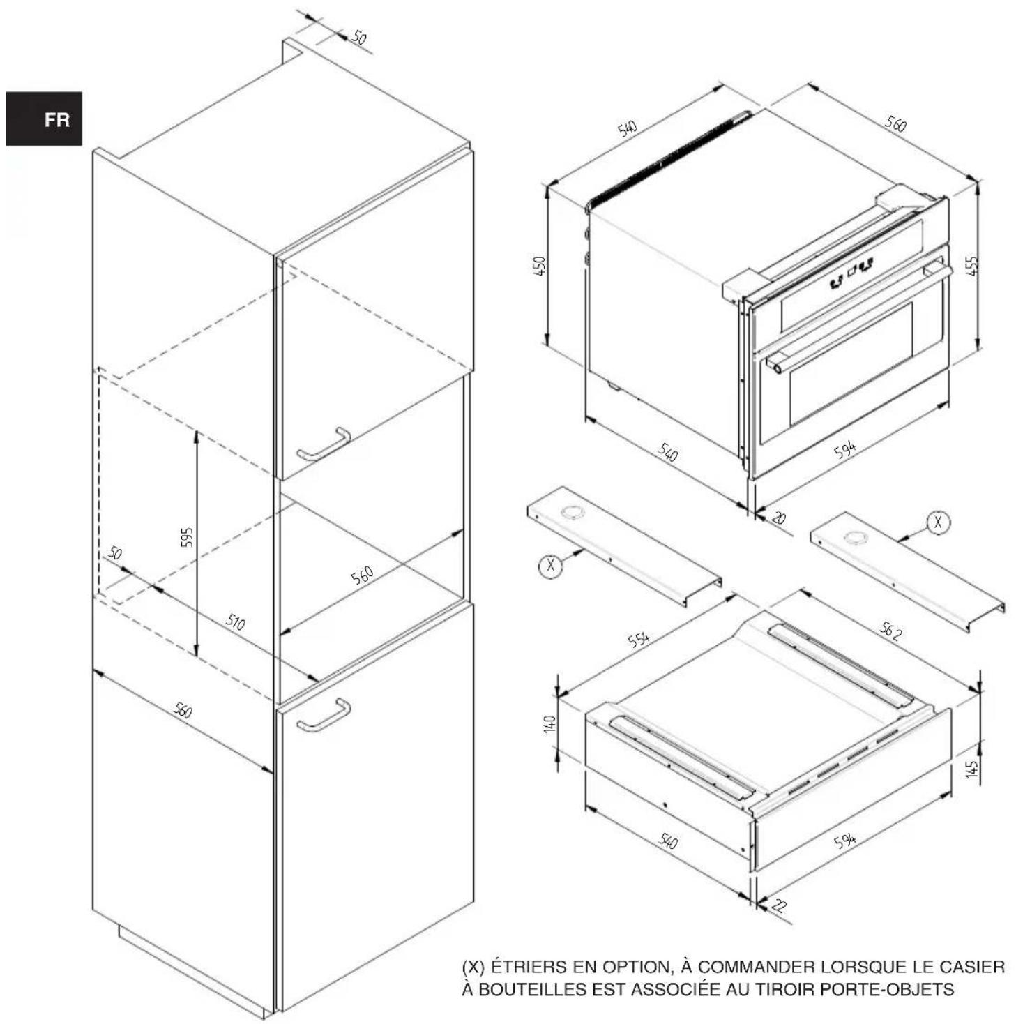 Fulgor Milano CD 15 - SCHÉMA DIMENSIONNEL DU TIROIR 145 ENCASTRABLE 560 X 595 AVEC CASIER A VIN DE 451 - 1