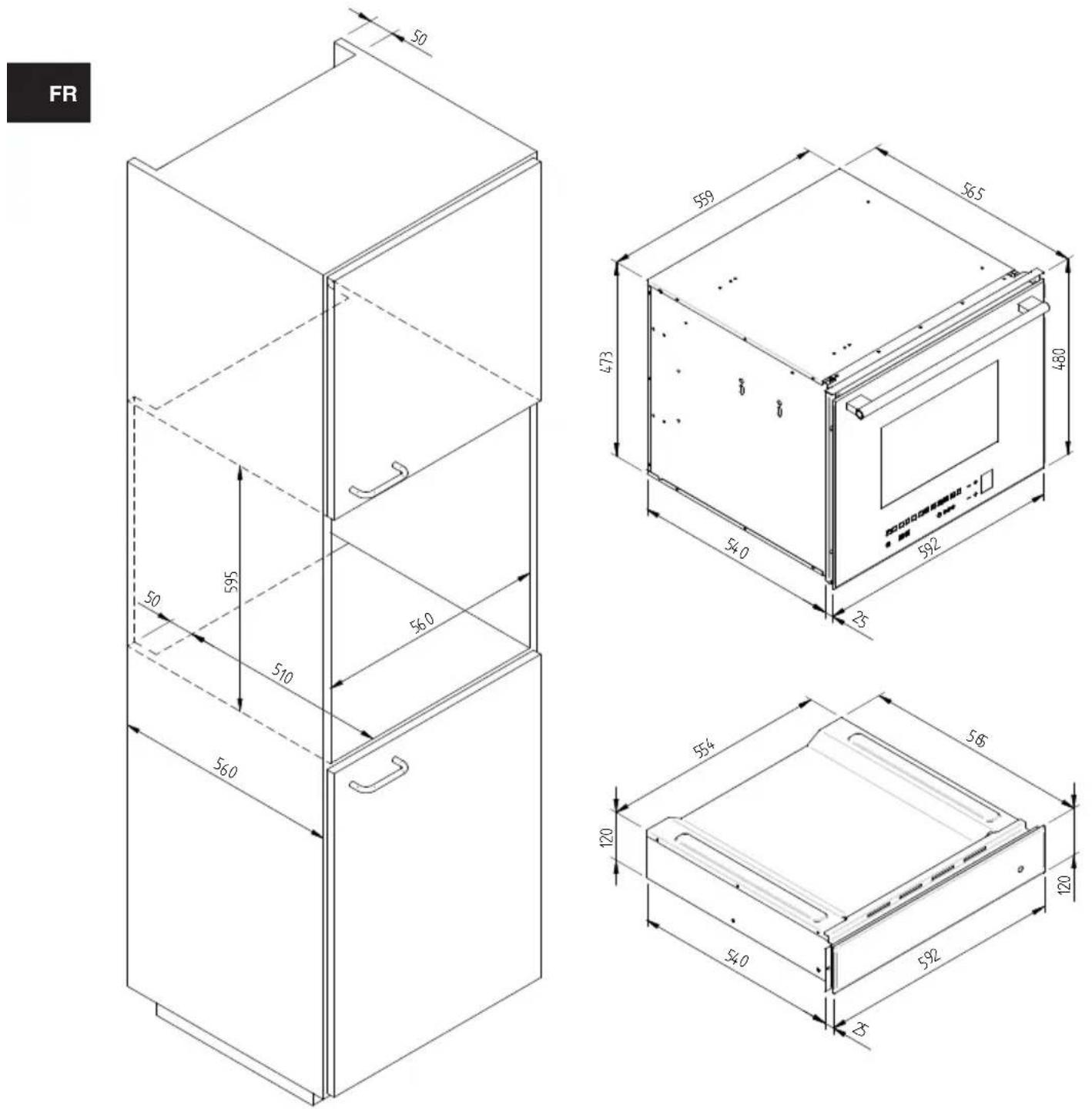 Fulgor Milano CD 15 - Schéma dimensionnel du TIROIR encastré 560 x 595 avec un FOUR par 480 - 1