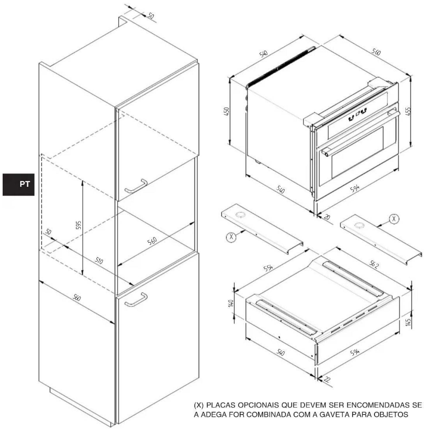Fulgor Milano CD 15 - ESQUEMA DAS DIMENSÕES DA GAVETA 145 DE ENCASTRE 560 X 595 COM ADEGA DE 455 - 1