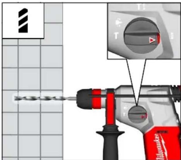 Diagram showing a Milwaukee drill bit with labeled control panel and tool, including a warning icon and magnified view of the drill bit.