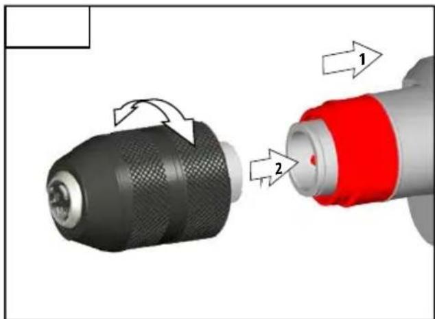 Diagram showing a mechanical component being inserted into a cylindrical housing, with labeled parts 1 and 2.