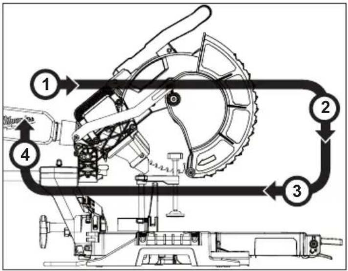 Technical diagram of a mechanical device with numbered components and directional arrows indicating flow or assembly.