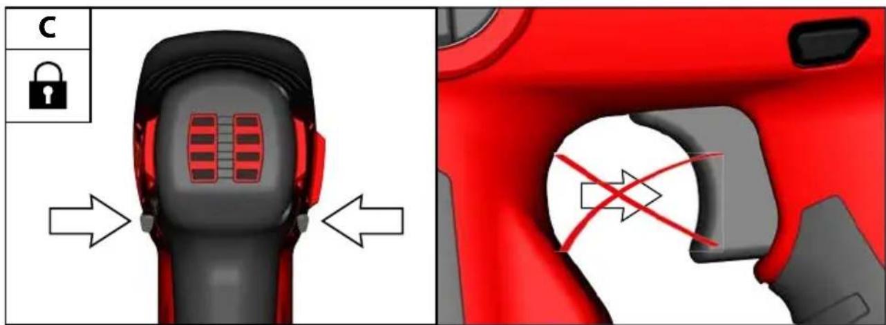 Diagram illustrating car seatbelting and clearance mechanism, showing left side with red seatbelt and right side with red cross marking