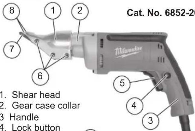 Cat. No. 6852-20 1. Shear head 2. Gear case collar 3. Handle 4. Lock button