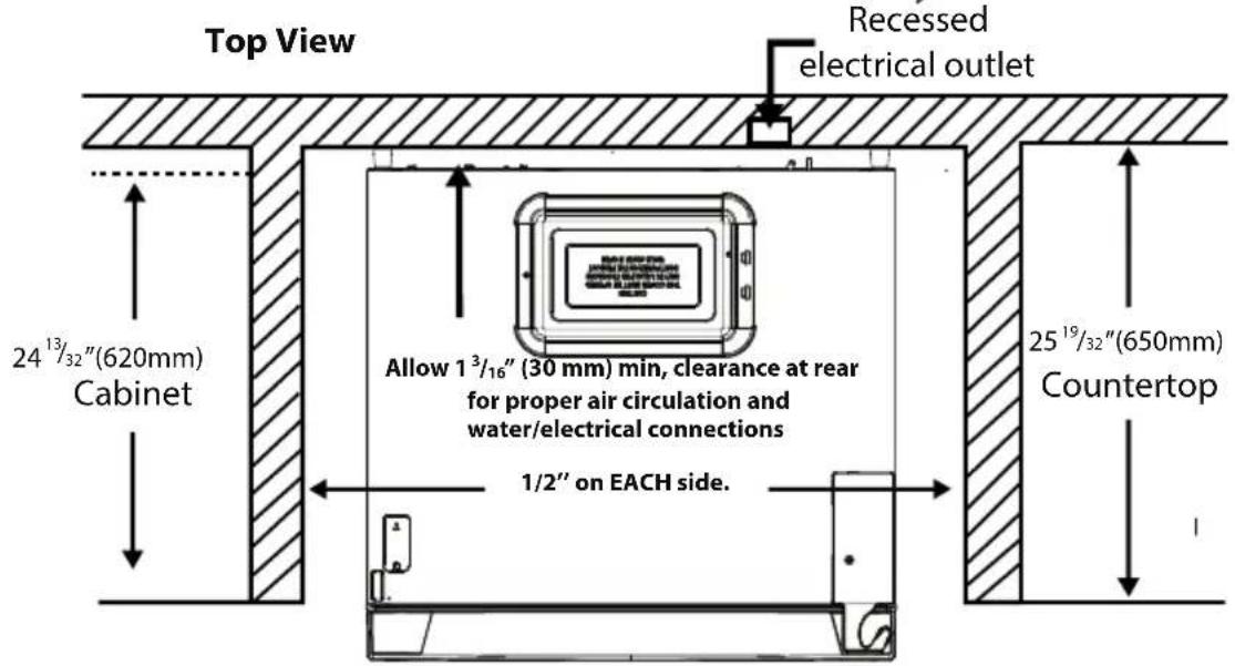 Top View Recessed electrical outlet 24 13/32"(620mm) Cabinet Allow 1 3/16" (30 mm) min, clearance at rear for proper air circulation and water/electrical connections 1/2" on EACH side. 25 19/32"(650mm) Countertop