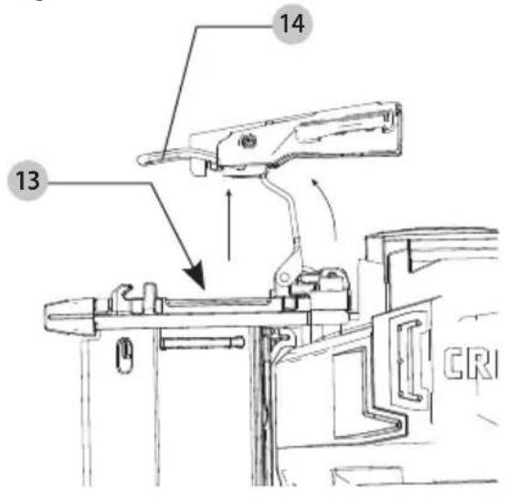 Technical diagram of a mechanical device with numbered components and directional arrows indicating assembly or movement.