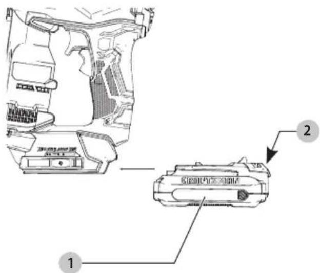 Technical diagram showing a mechanical component with labeled parts and an arrow indicating direction of movement or assembly.