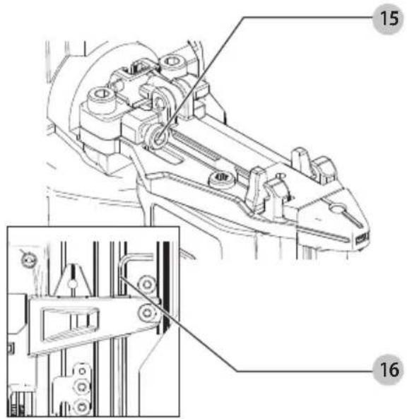 Technical diagram of a mechanical assembly with numbered parts and an inset view of a component detail.