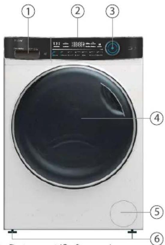 Labeled diagram of a washing machine with numbered parts for identification and assembly reference.